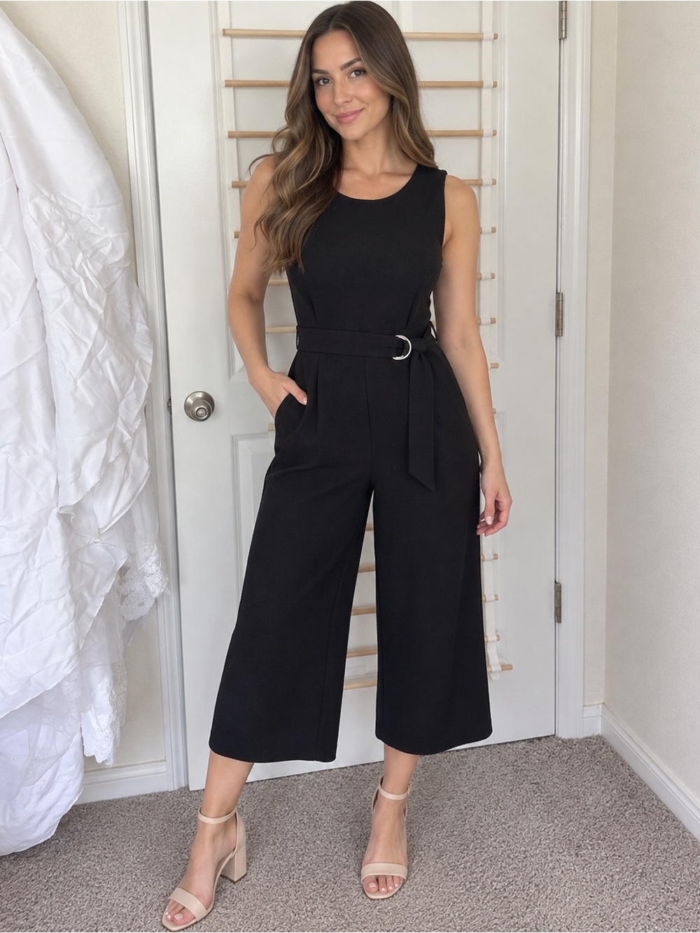 Black Textured Sleeveless Wide Leg Jumpsuit